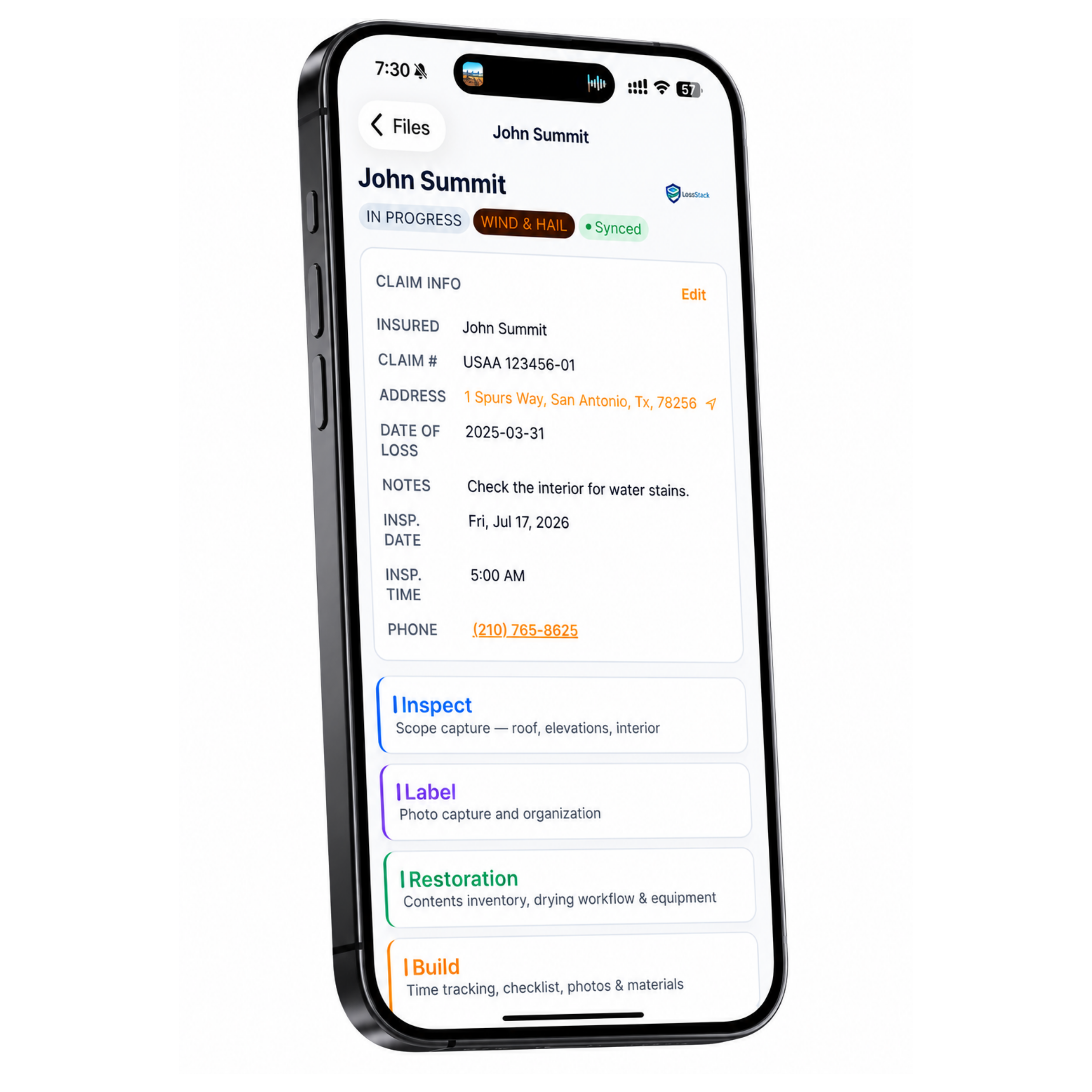 LossStack Field app on iPhone